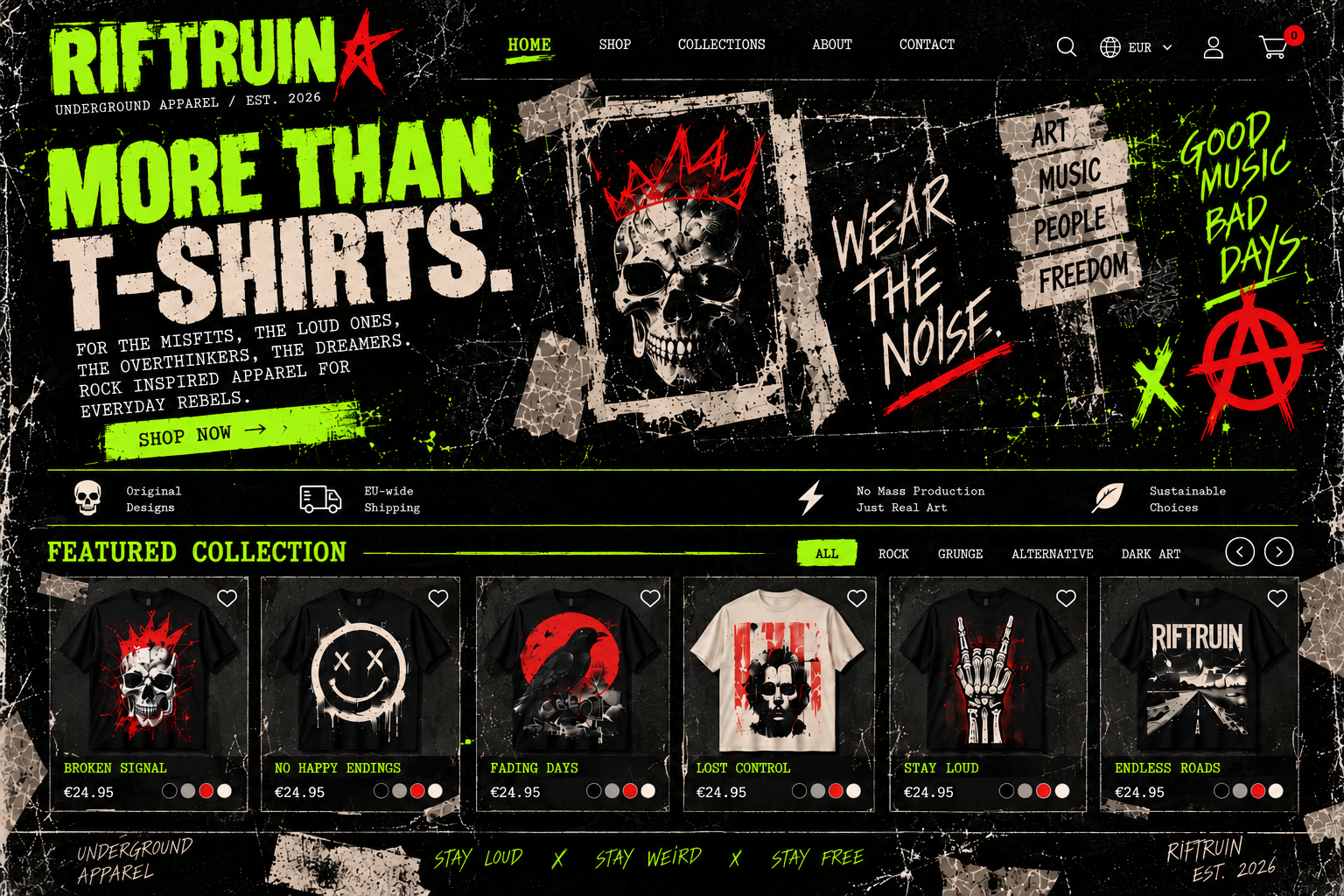 RIFTRUIN grunge storefront: more than T-shirts, neon green on black, featured collection of six T-shirts